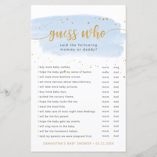 Raad eens wie blauwe waterverf en gouden baby show (Voorkant)