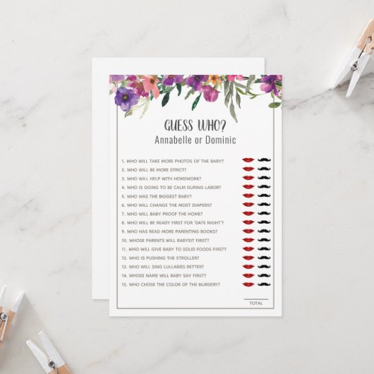 Raad eens wie bloemige bewerkbare Baby shower spel Kaart (Voorkant / Achterkant in situ)
