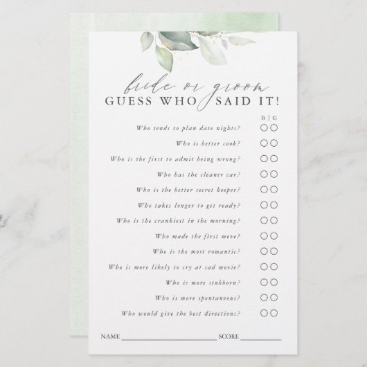 Raad eens wie Bride of Groom is - Greenery Game Ca (Voorkant / Achterkant)