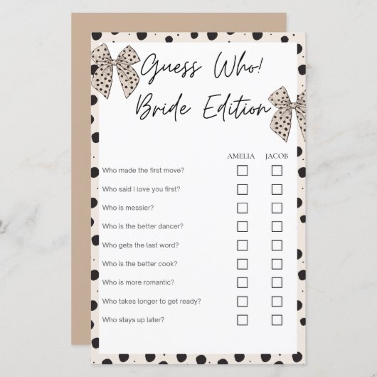 Raad eens wie bruid editie Beige vrijgezellenfeest (Voorkant / Achterkant)