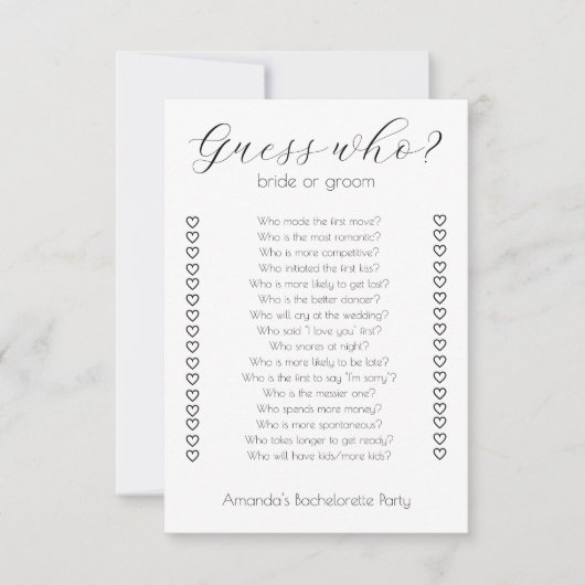 Raad eens wie bruid of bruidegom vrijgezellenspel kaart (Voorkant)