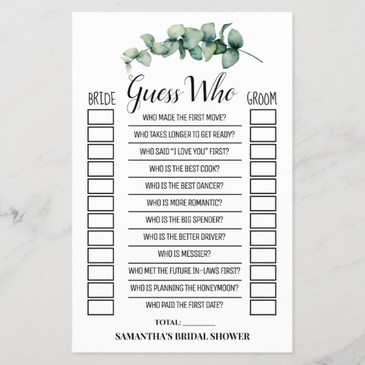 Raad eens wie de Eucalyptus Vrijgezellenfeest Game Flyer (Voorkant)