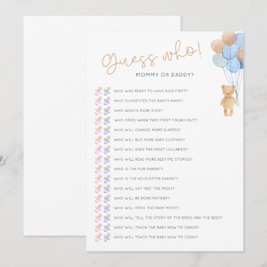 Raad eens wie downloadbare Baby shower game Kaart (Voorkant / Achterkant)