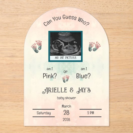 "Raad eens wie" Geslacht Onthult Ultrasound Baby s Acryl Uitnodigingen (Voorkant)