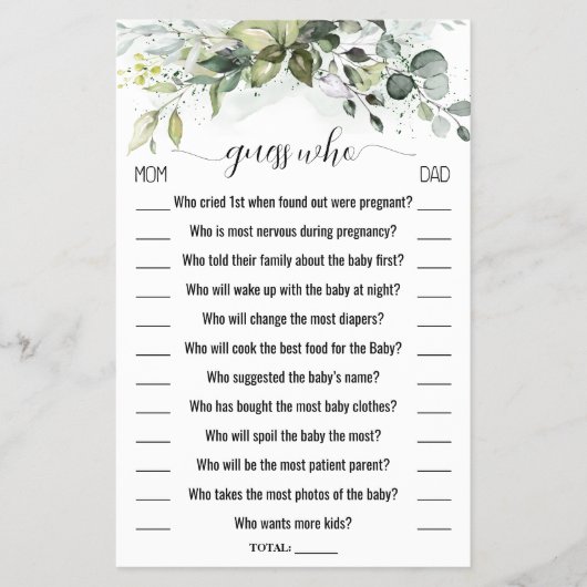 Raad eens wie Greenery Baby shower Game Kaart (Voorkant)