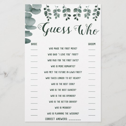 Raad eens wie groene Eucalyptus Shower Game Card i Flyer (Voorkant)