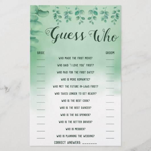 Raad eens wie groene Eucalyptus Shower Game Card i Flyer (Voorkant)