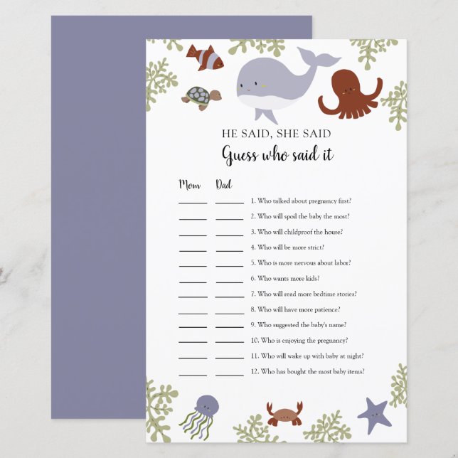 Raad eens wie het spel onder het Zee Baby shower z (Voorkant / Achterkant)