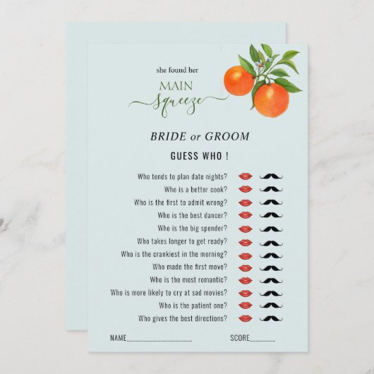 Raad eens wie het Vrijgezellenfeest 'Main Squeeze' Kaart (Voorkant / Achterkant)