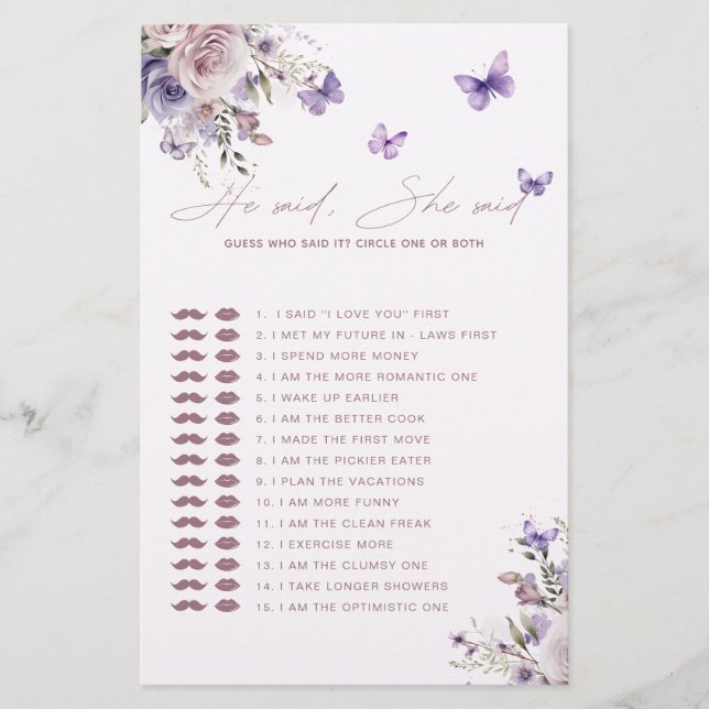 Raad eens wie het zei Mauve Butterfly Game Kaart (Voorkant)