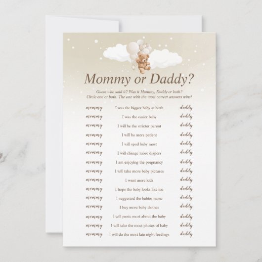 Raad eens wie het zei Teddy Bear Baby shower Game  Kaart (Voorkant)