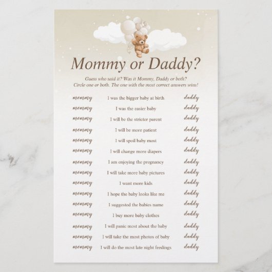 Raad eens wie het zei Teddy Bear Baby shower spel Flyer (Voorkant)