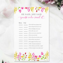 Raad eens wie het zei Wildflowers Baby shower Game