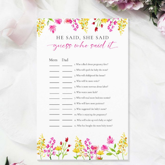 Raad eens wie het zei Wildflowers Baby shower Game (Creator heeft geüpload)