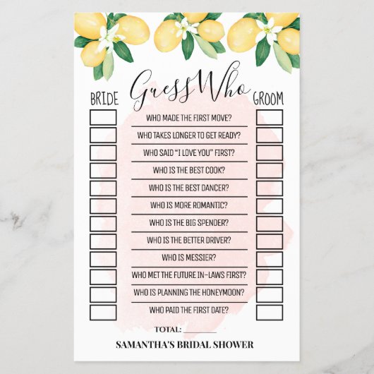 Raad eens wie Lemons Roze Vrijgezellenfeest Game K Flyer (Voorkant)