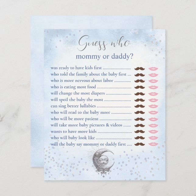 Raad eens wie mama daddy blue moon Baby shower spe (Voorkant / Achterkant)