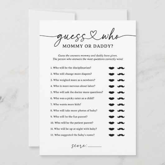 Raad eens wie mama of papa Baby shower Game Kaart (Voorkant)