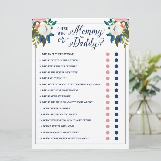 Raad eens wie mama of papa Baby shower Game Kaart (Staand voorkant)