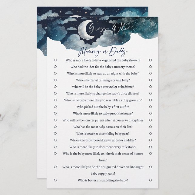 Raad eens wie mama of papa baby shower spel kaart (Voorkant / Achterkant)