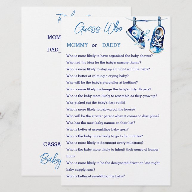 Raad eens wie mama of papa baby shower spel kaart (Voorkant / Achterkant)