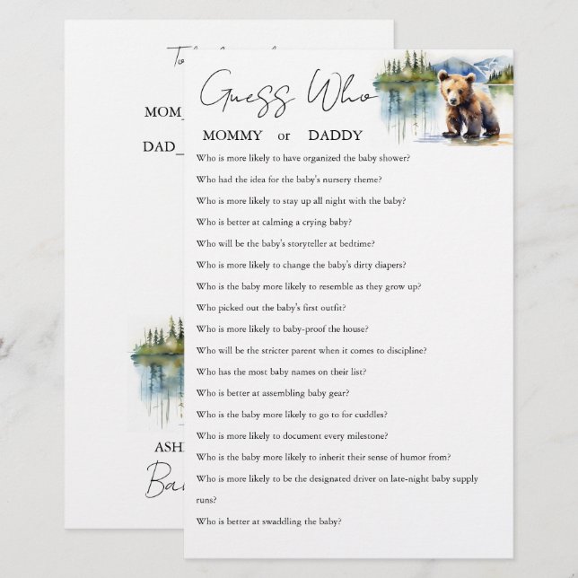 Raad eens wie mama of papa baby shower spel kaart (Voorkant / Achterkant)
