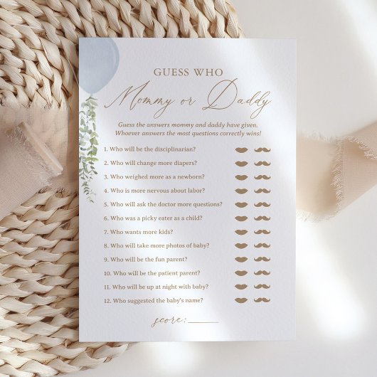 Raad eens wie mama of papa ballon Baby shower spel Kaart