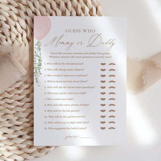 Raad eens wie mama of papa ballon Baby shower spel Kaart