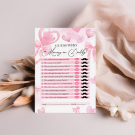 Raad eens wie, mama of papa, hart Baby shower spel