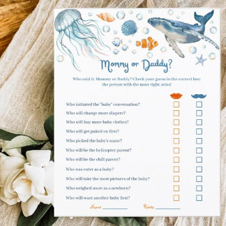 Raad eens wie mama of papa is Kust Baby Shower Spe