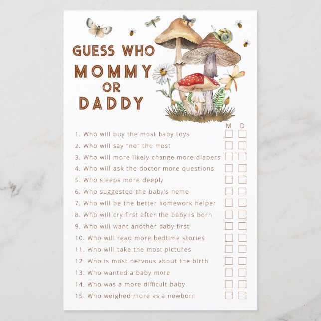 Raad eens wie mama of papa paddenstoel Baby shower (Voorkant)