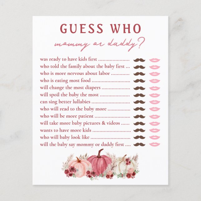 Raad eens wie mama of papa pompoenen Baby shower s (Voorkant)