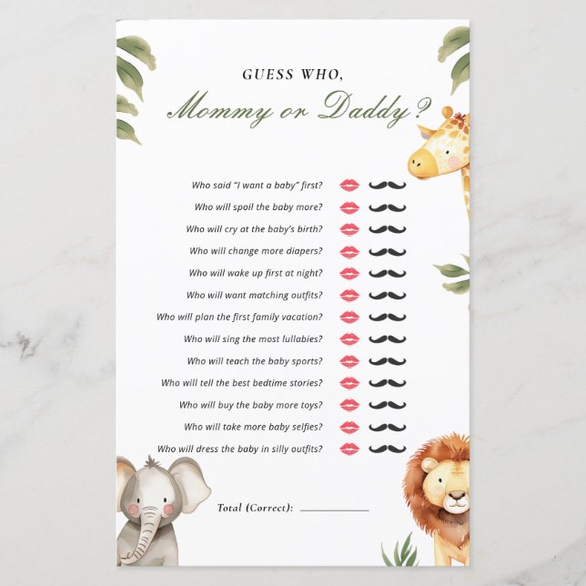 Raad eens wie mama of papa Safari Baby shower spel (Voorkant)