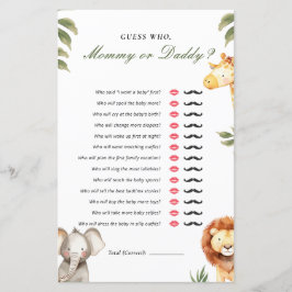 Raad eens wie mama of papa Safari Baby shower spel