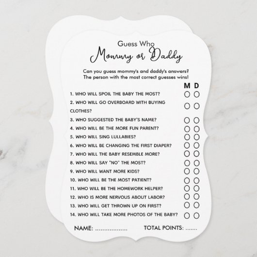 Raad eens wie mama of papa spel baby shower kaart (Voorkant / Achterkant)