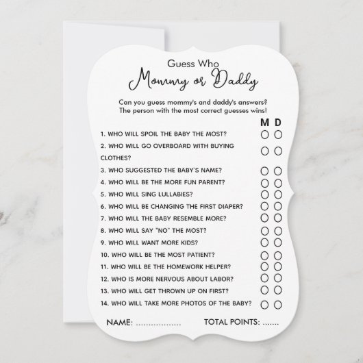 Raad eens wie mama of papa spel baby shower kaart (Voorkant)