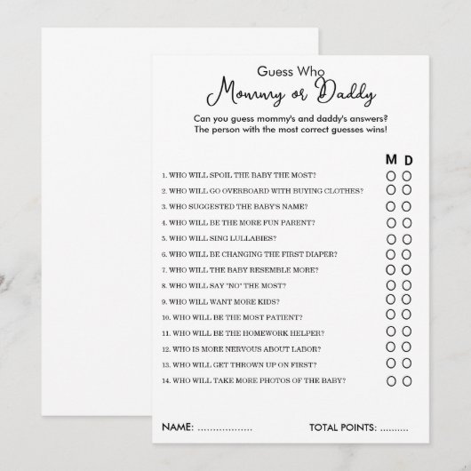 Raad eens wie mama of papa spel Baby shower Kaart (Voorkant / Achterkant)