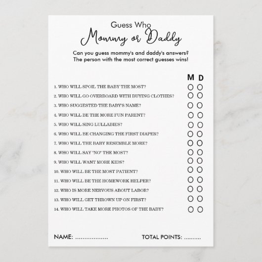 Raad eens wie mama of papa spel Baby shower Kaart (Voorkant)