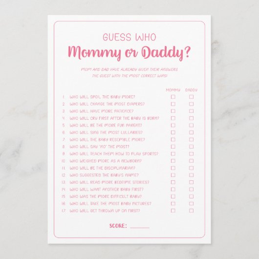 Raad eens wie mama of papa spel meisje Baby shower Advieskaart (Voorkant)