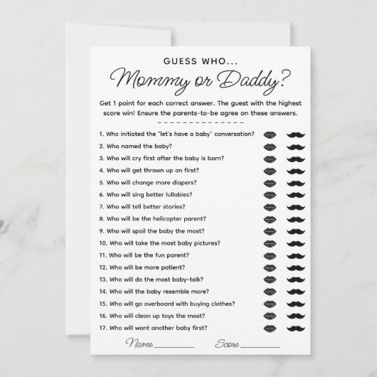 Raad eens wie mama of papa spel voor Baby shower Kaart (Voorkant)