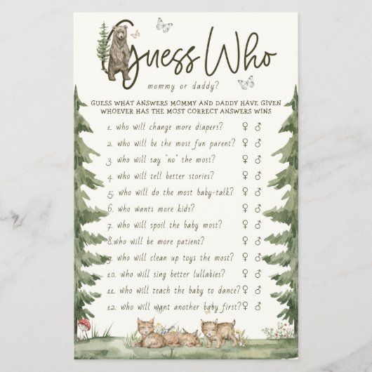 Raad eens wie mama of papa Woodland spel Baby show Flyer (Voorkant)