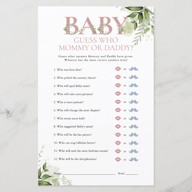 Raad eens wie mama papa Greenery Baby shower Game (Voorkant)