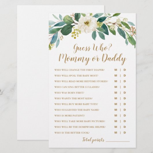 Raad eens wie? Mammie of papa Baby shower Game (Voorkant / Achterkant)