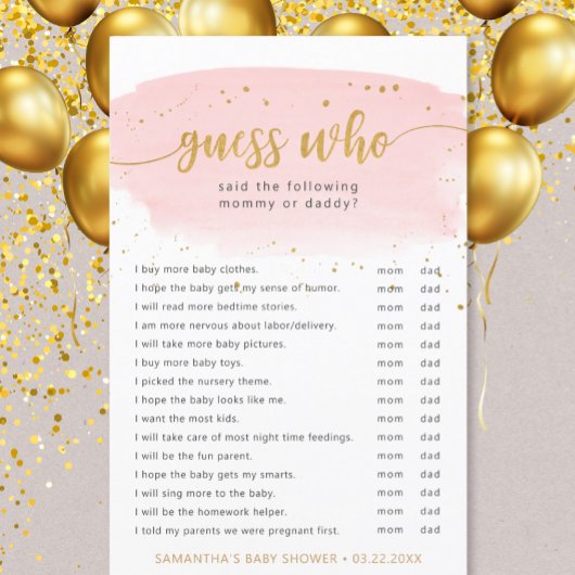 Raad eens wie roze waterverf en gouden baby shower