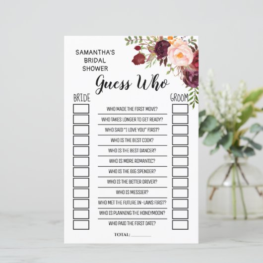 Raad eens wie Vrijgezellenfeest Marsala Flowers Ga (Staand voorkant)