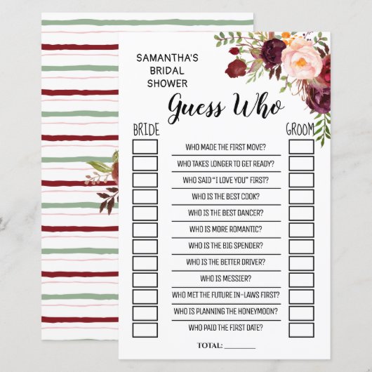 Raad eens wie Vrijgezellenfeest Marsala Flowers Ga (Voorkant / Achterkant)