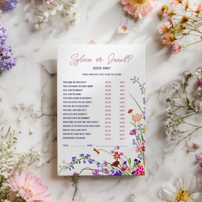 Raad eens wie wilde bloemen bloemenspel vrijgezell (Guess who wildflowers floral bridal shower game)