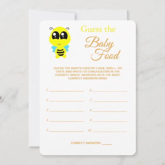 Raad het Baby Food | Baby shower Bee Game Kaart (Voorkant)