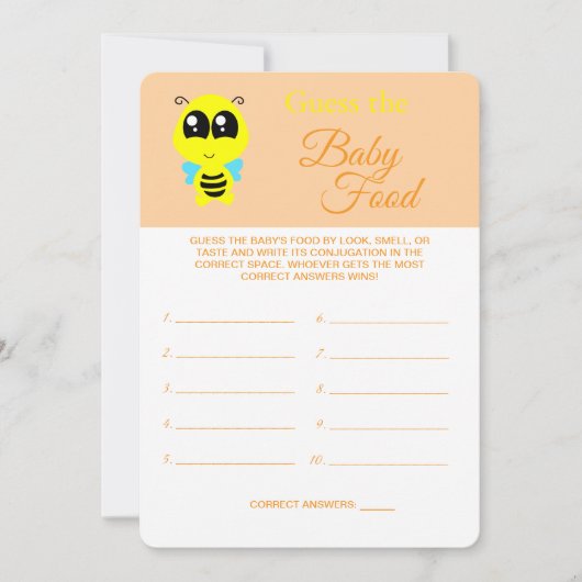 Raad het Baby Food | Baby shower Bee Game Kaart (Voorkant)