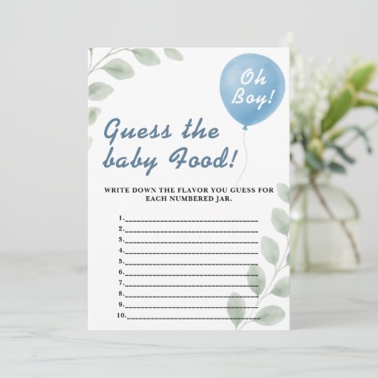 Raad het Baby Food Shower spel Ballon Eucalyptus Kaart (Staand voorkant)