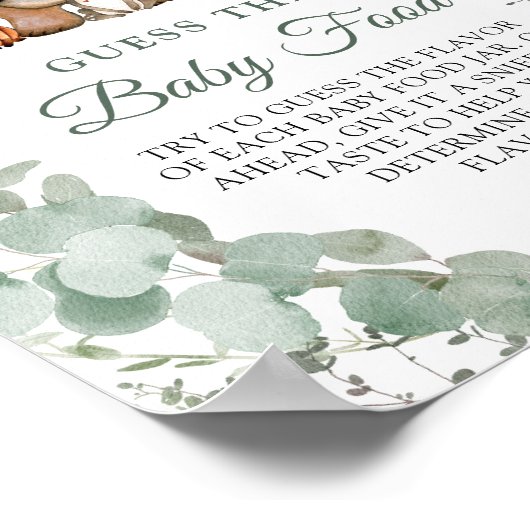 Raad het Baby Food Woodland Baby shower Poster (Hoek)